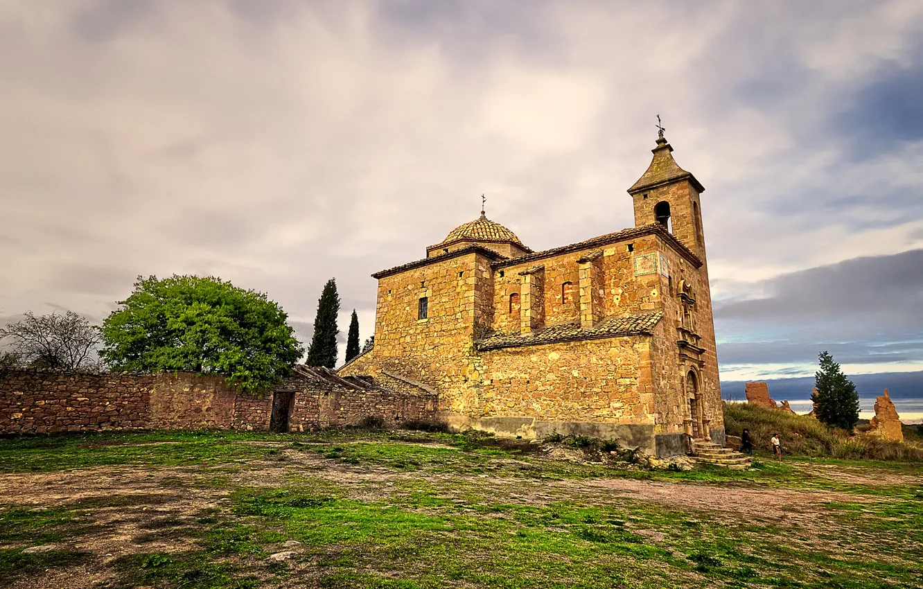 Photo wallpaper the sky, grass, clouds, trees, the city, the fence, Church, Spain