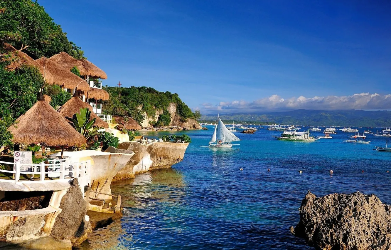 Photo wallpaper tropics, the ocean, boat, resort, Laguna, Bungalow