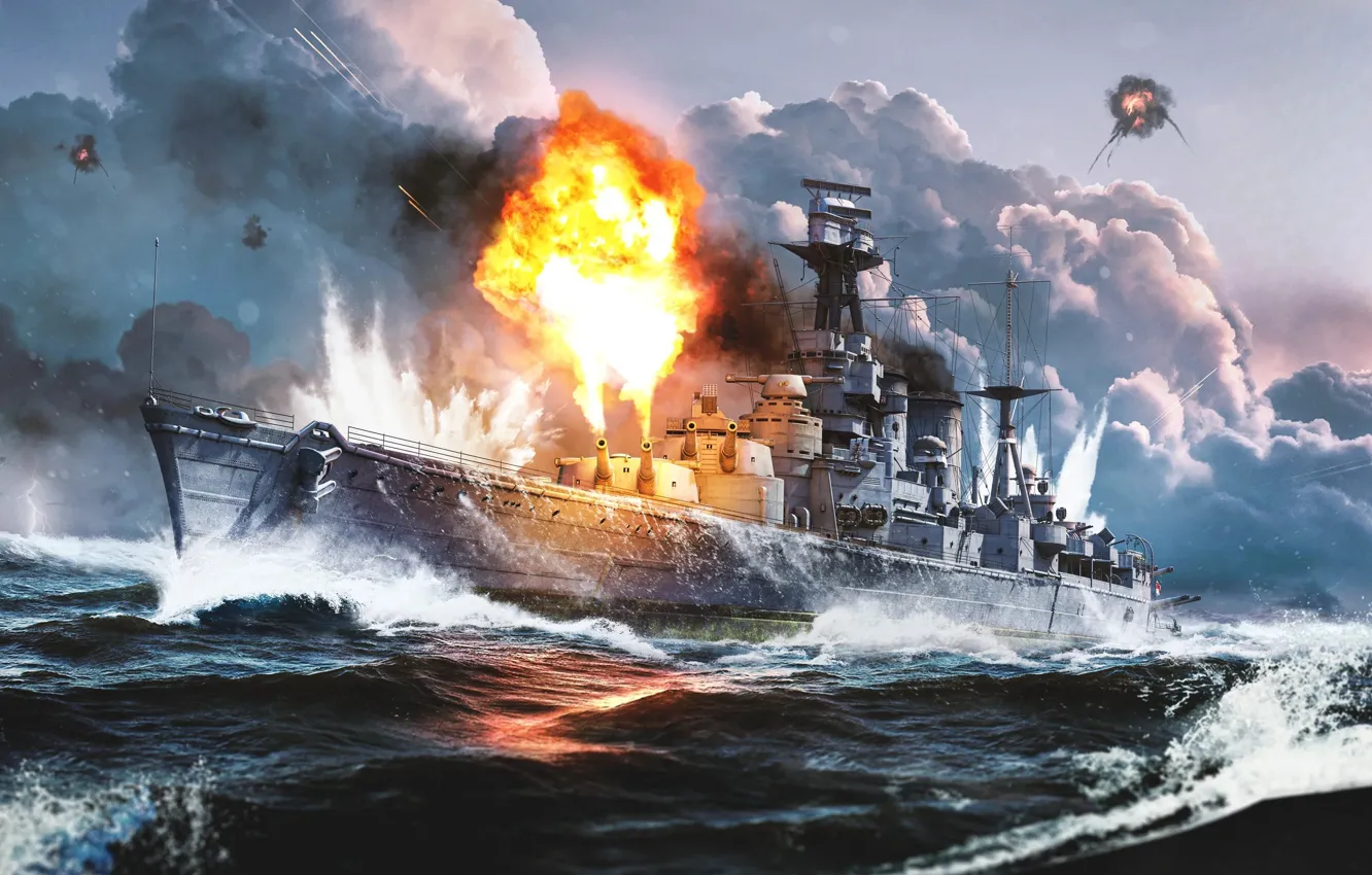 Photo wallpaper wave, clouds, ship, shot, game, War Thunder
