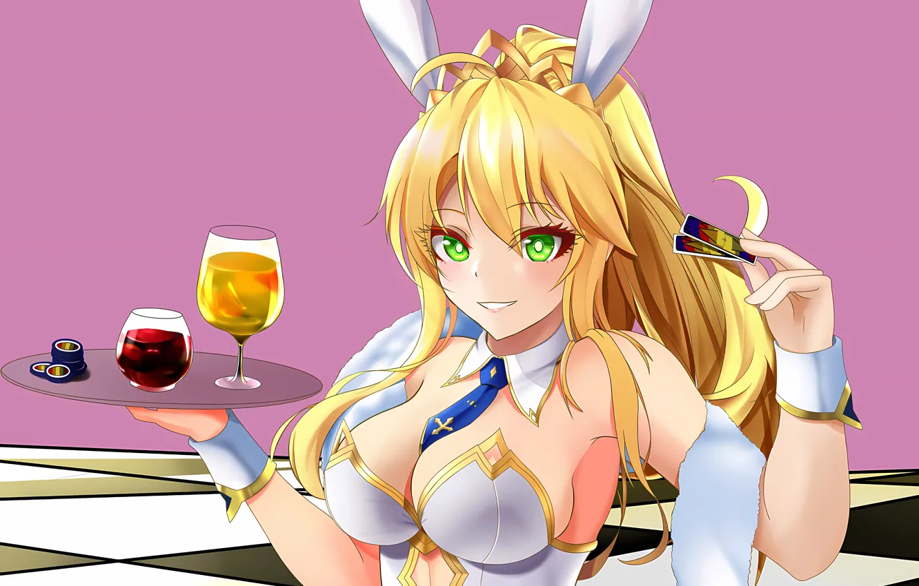 Photo wallpaper girl, sexy, cleavage, green eyes, long hair, boobs, anime, beautiful