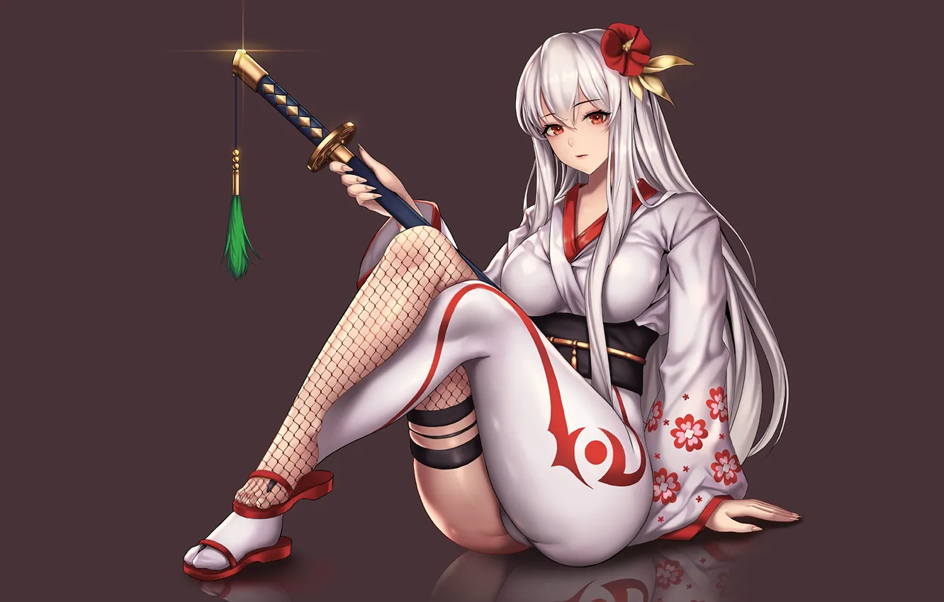 Photo wallpaper girl, sword, sexy, thighhighs, long hair, dress, anime, beautiful