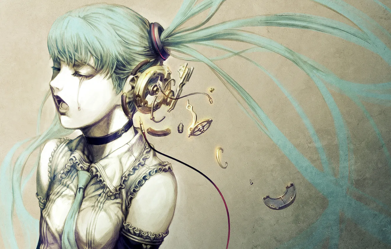 Photo wallpaper girl, anime, tears, steampunk, vocaloid, hatsune miku, art, Nagimiso