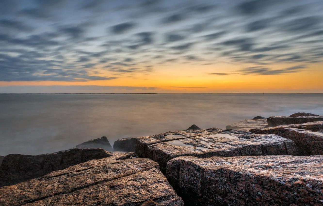 Photo wallpaper sea, the sky, clouds, stones, rocks, dawn, USA, Texas