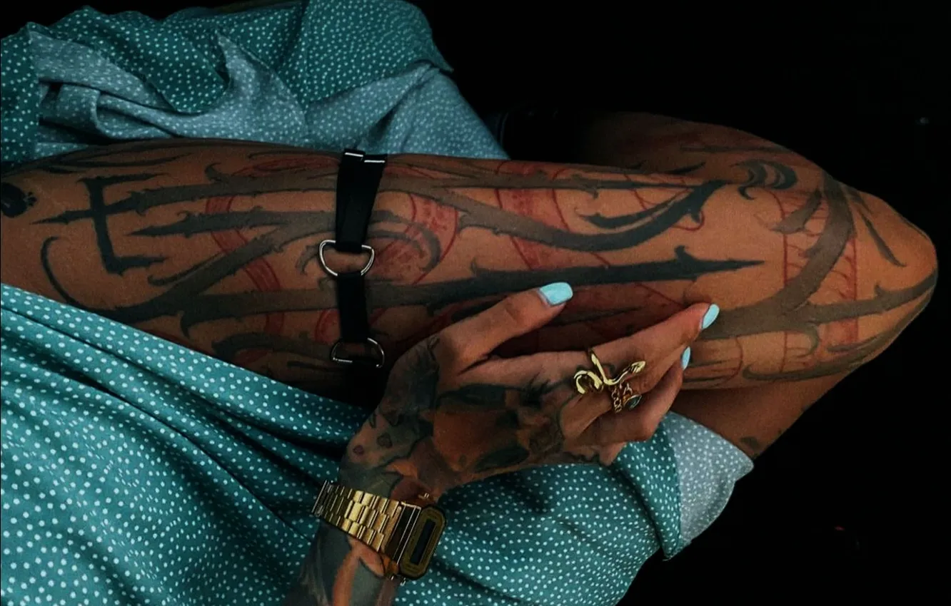 Photo wallpaper girl, feet, watch, tan, ring, tattoo, manicure, slender legs