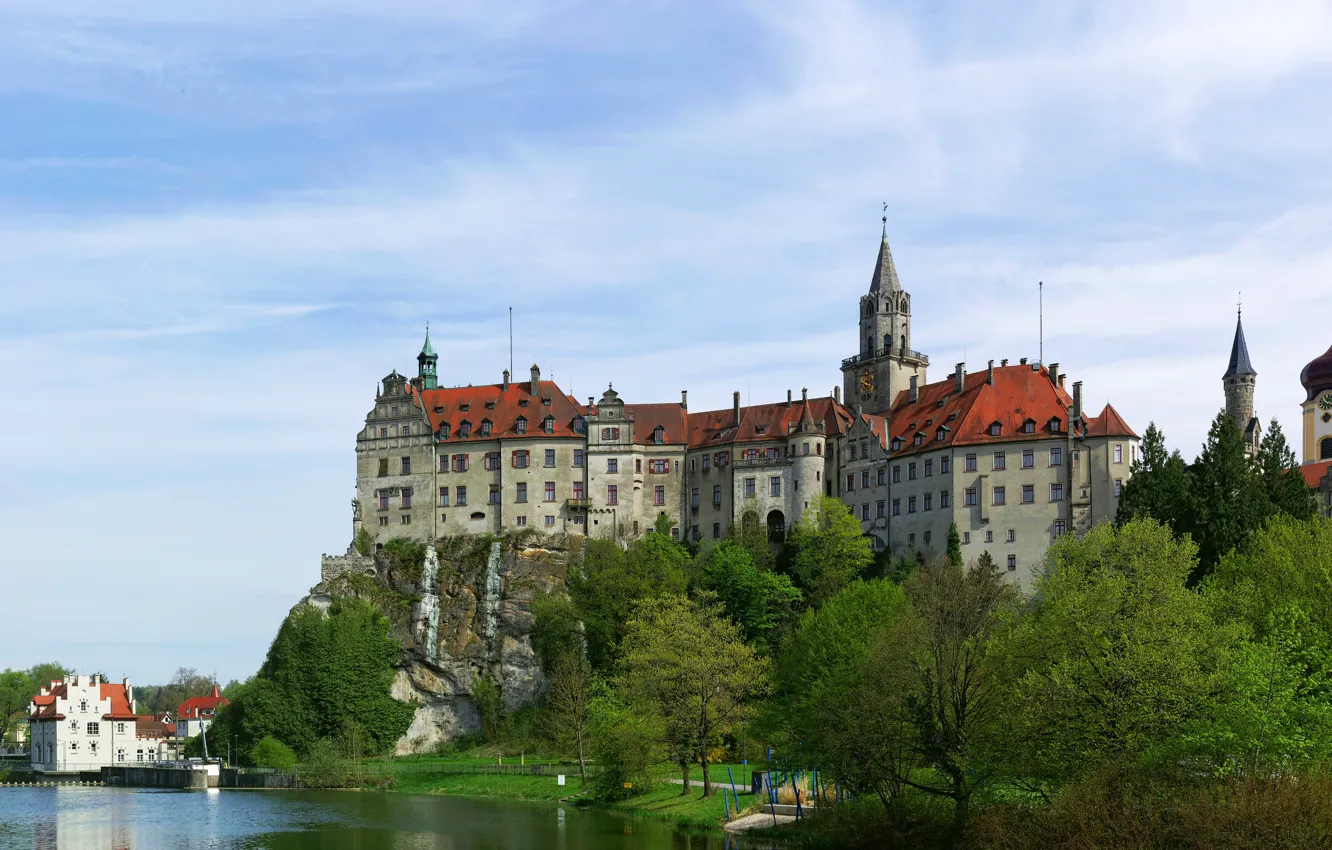 Photo wallpaper greens, the sky, trees, landscape, river, castle, Germany, Sigmaringen Castle
