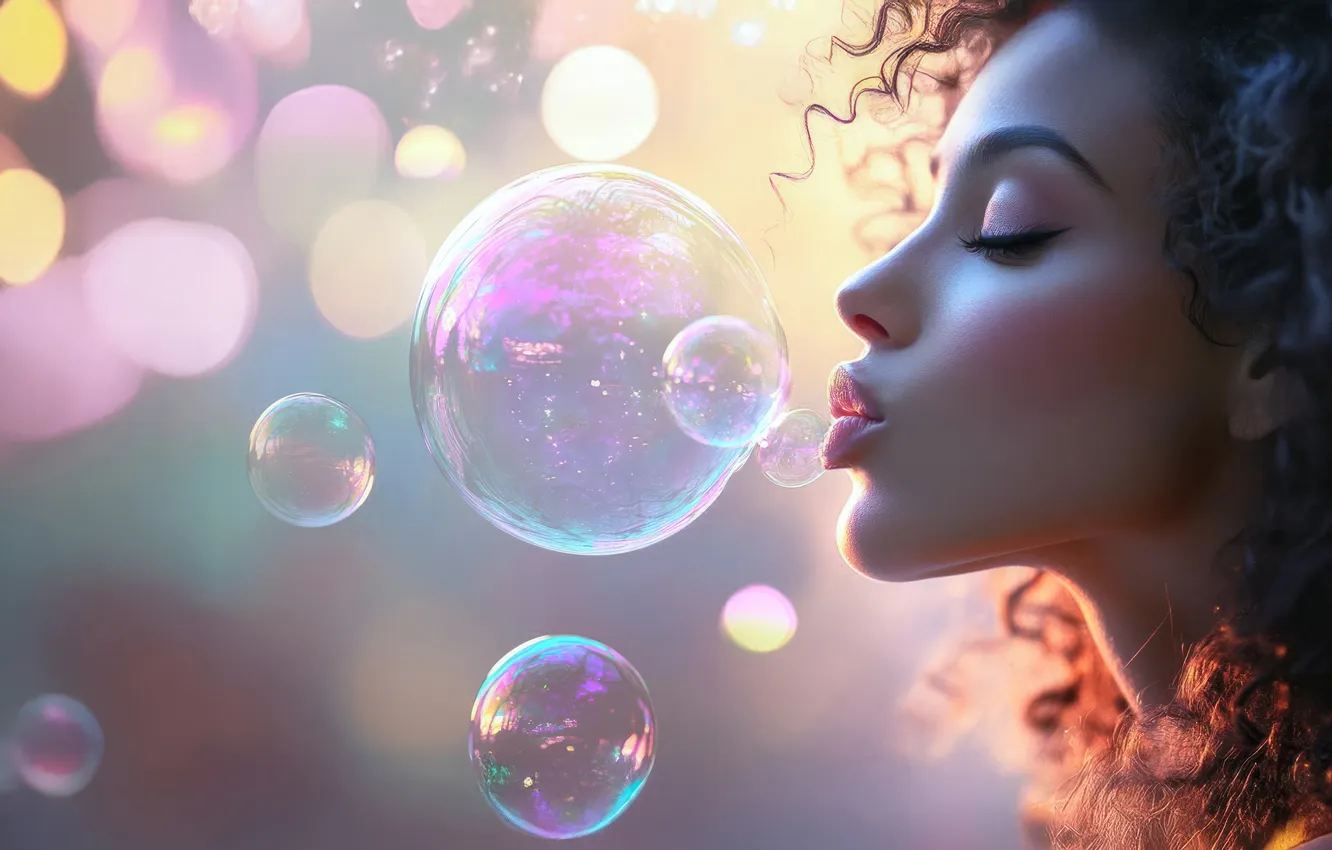 Photo wallpaper girl, light, face, bubbles, profile, AI art, neural network