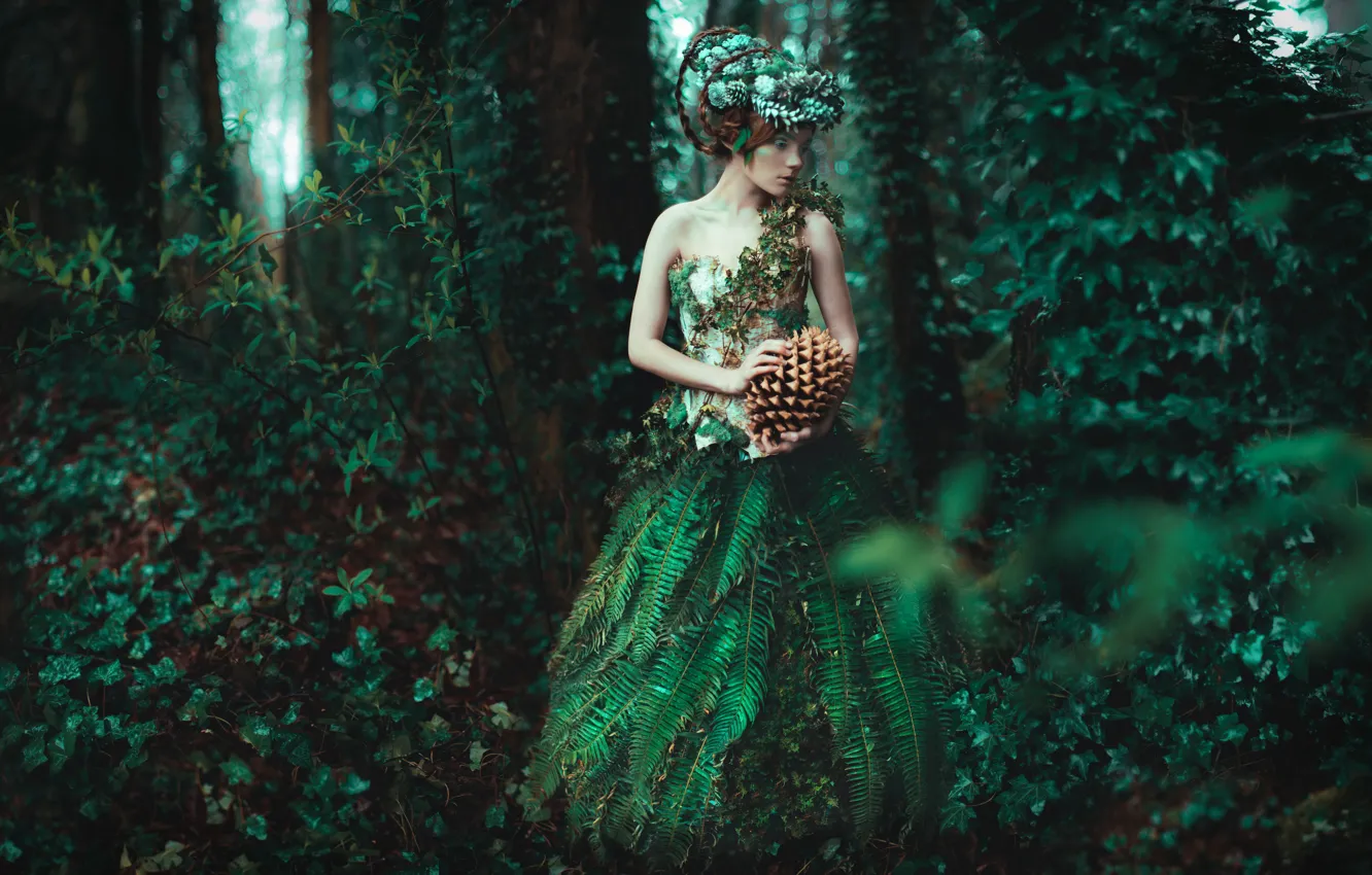 Photo wallpaper greens, forest, girl, style, dress, fantasy, image, nymph