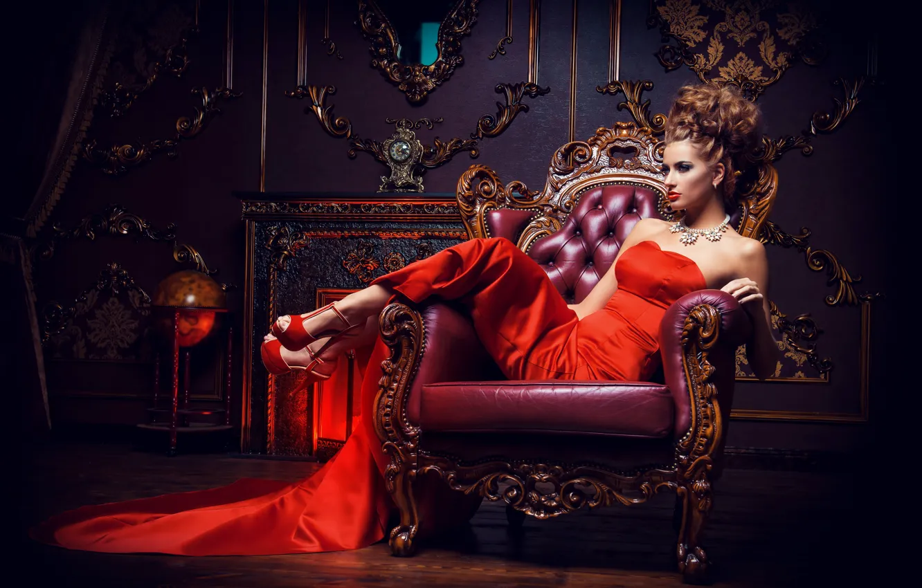 Photo wallpaper girl, pose, interior, necklace, makeup, dress, hairstyle, shoes