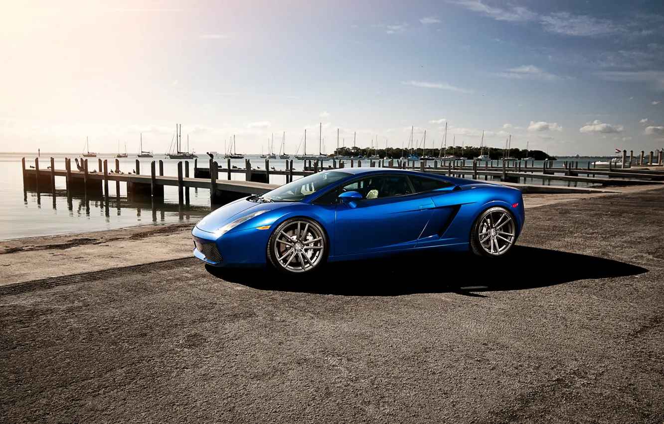 Photo wallpaper the sky, clouds, blue, yachts, Lamborghini, pier, Gallardo, Lamborghini