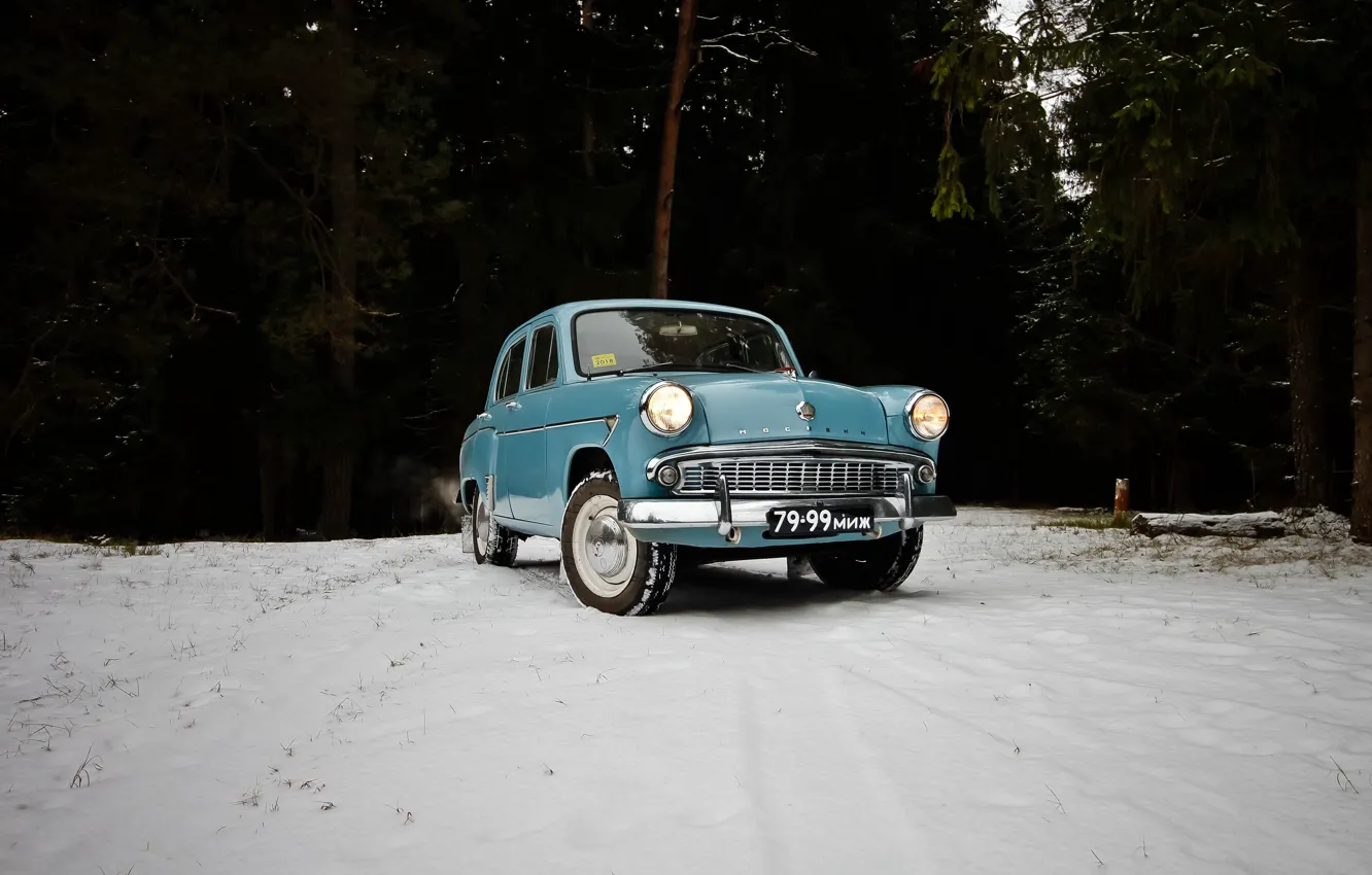 Photo wallpaper winter, forest, USSR, Moskvich, retro car, Moskvich 407, Black plates