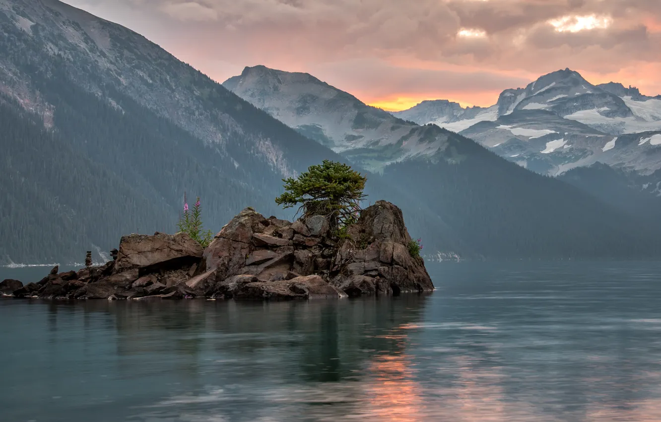Photo wallpaper the sky, clouds, flowers, mountains, lake, rocks