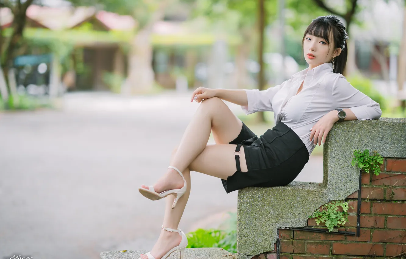 Photo wallpaper look, sexy, pose, model, skirt, portrait, makeup, figure