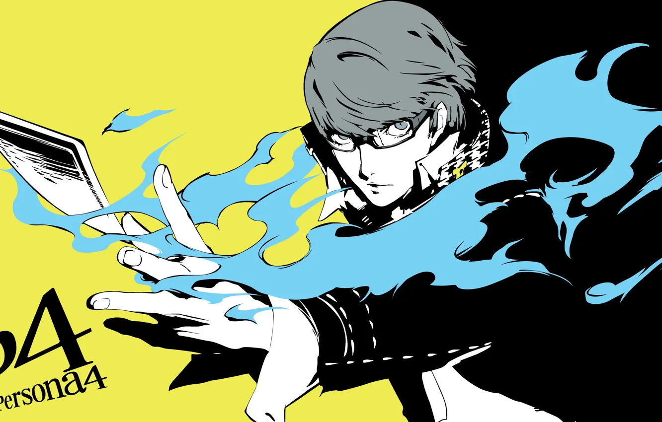 Photo wallpaper flame, the game, hand, anime, art, glasses, guy, Persona 4