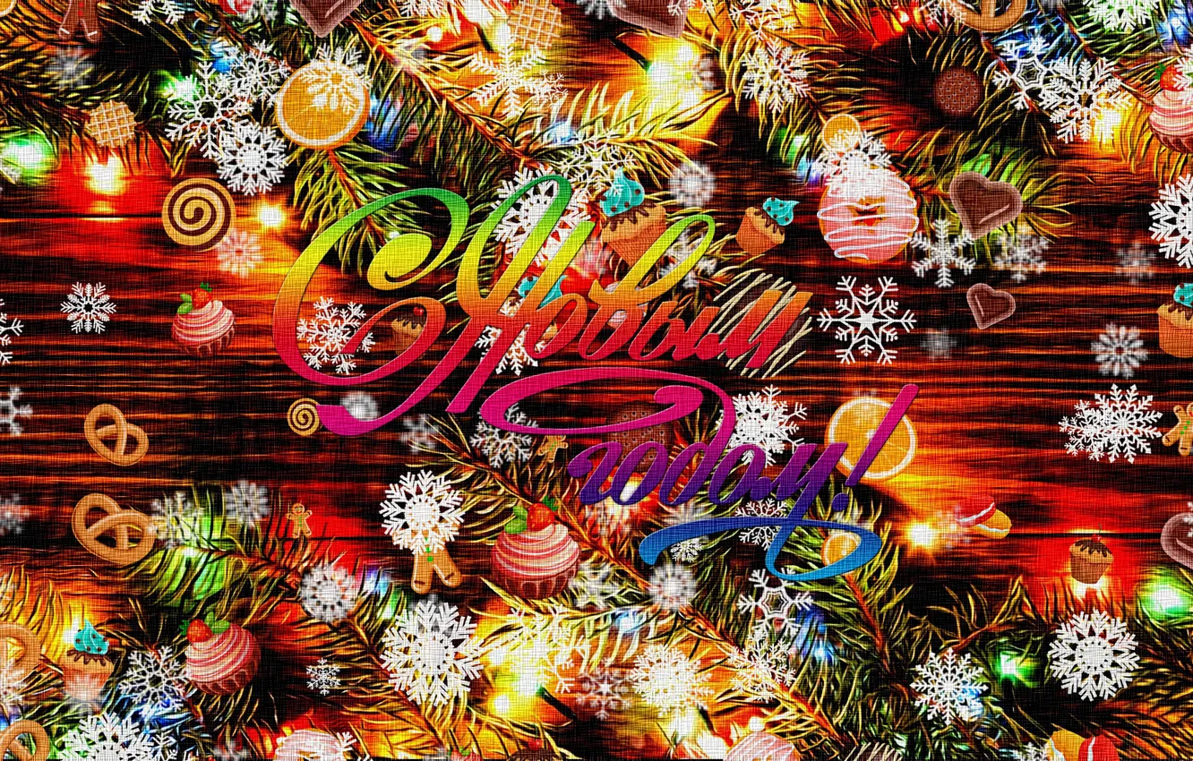 Photo wallpaper snowflakes, holiday, figure, tree, new year, texture, lights, Christmas