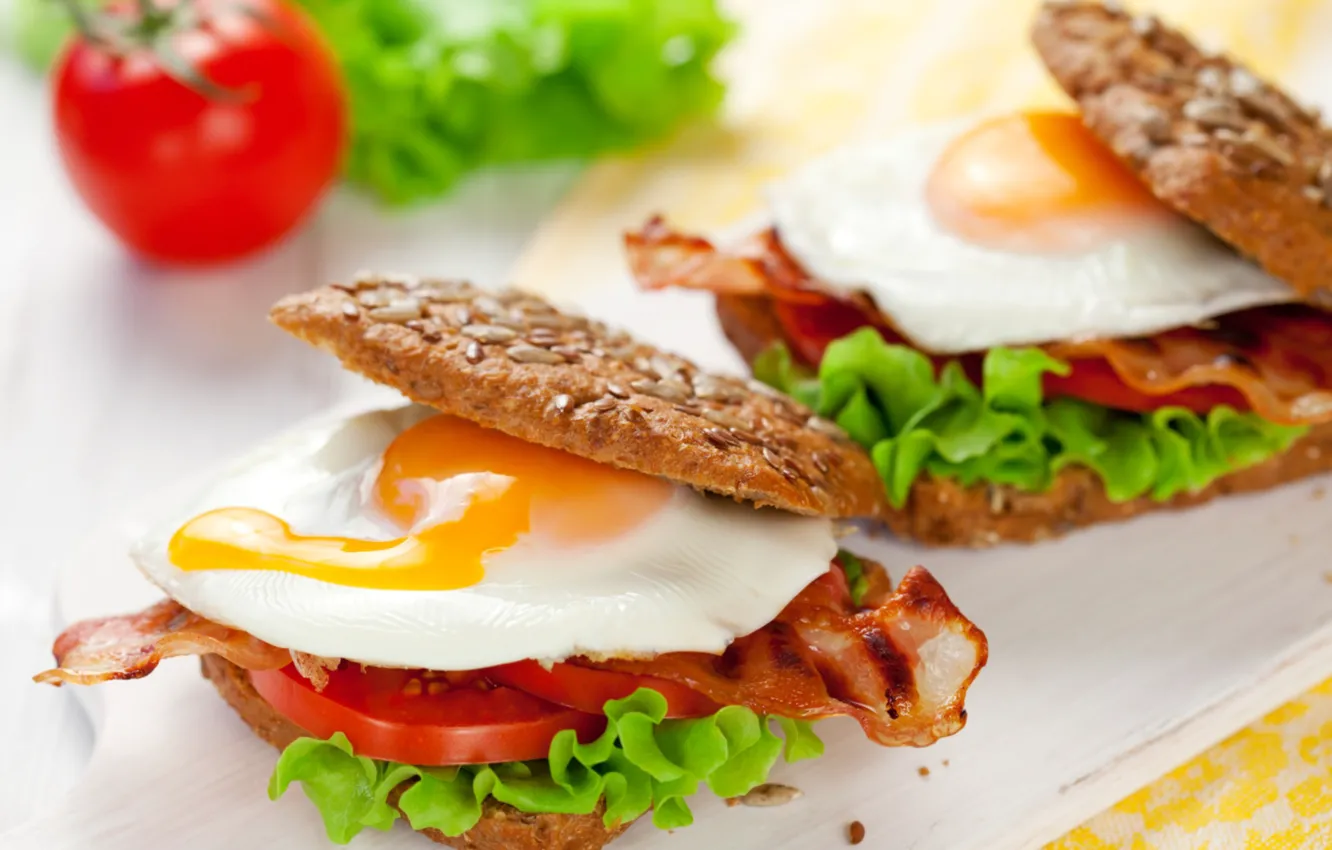 Photo wallpaper egg, bread, tomato, sandwich, bacon