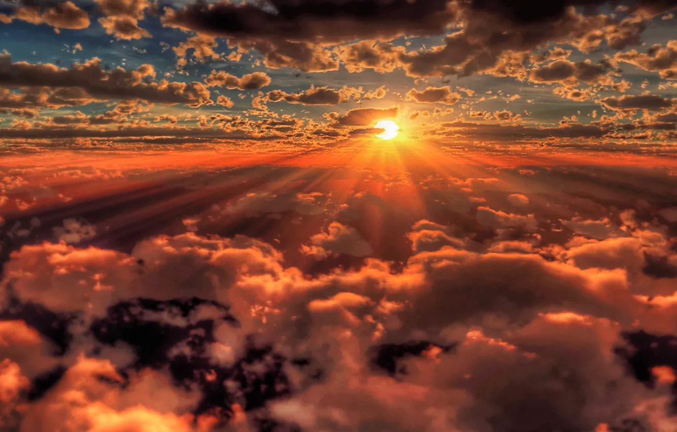Photo wallpaper the sun, clouds, rays, height
