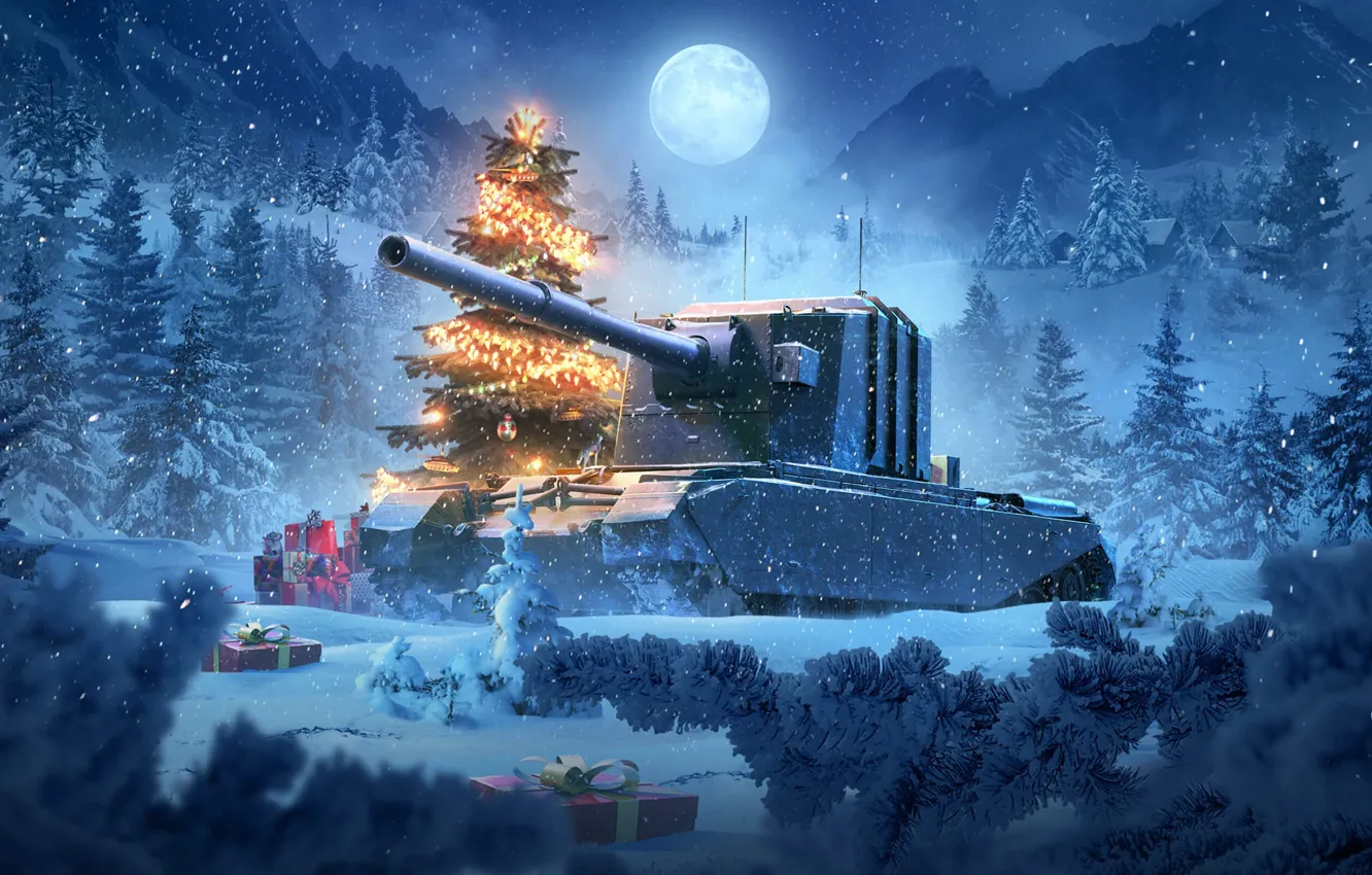 Photo wallpaper night, holiday, the moon, Christmas, tank, New year, tanks, World of tanks