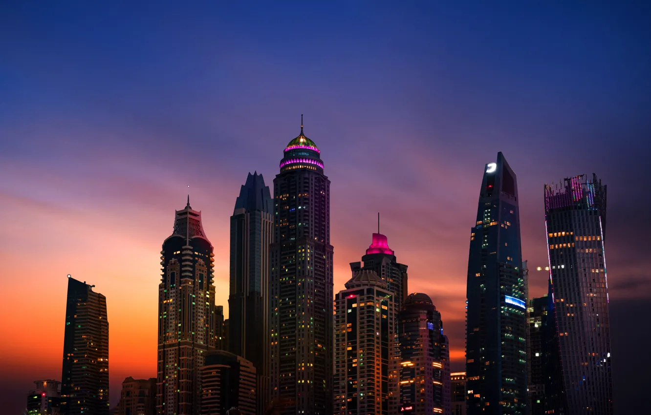 Photo wallpaper sunset, city, the city, building, home, skyscrapers, house, Dubai