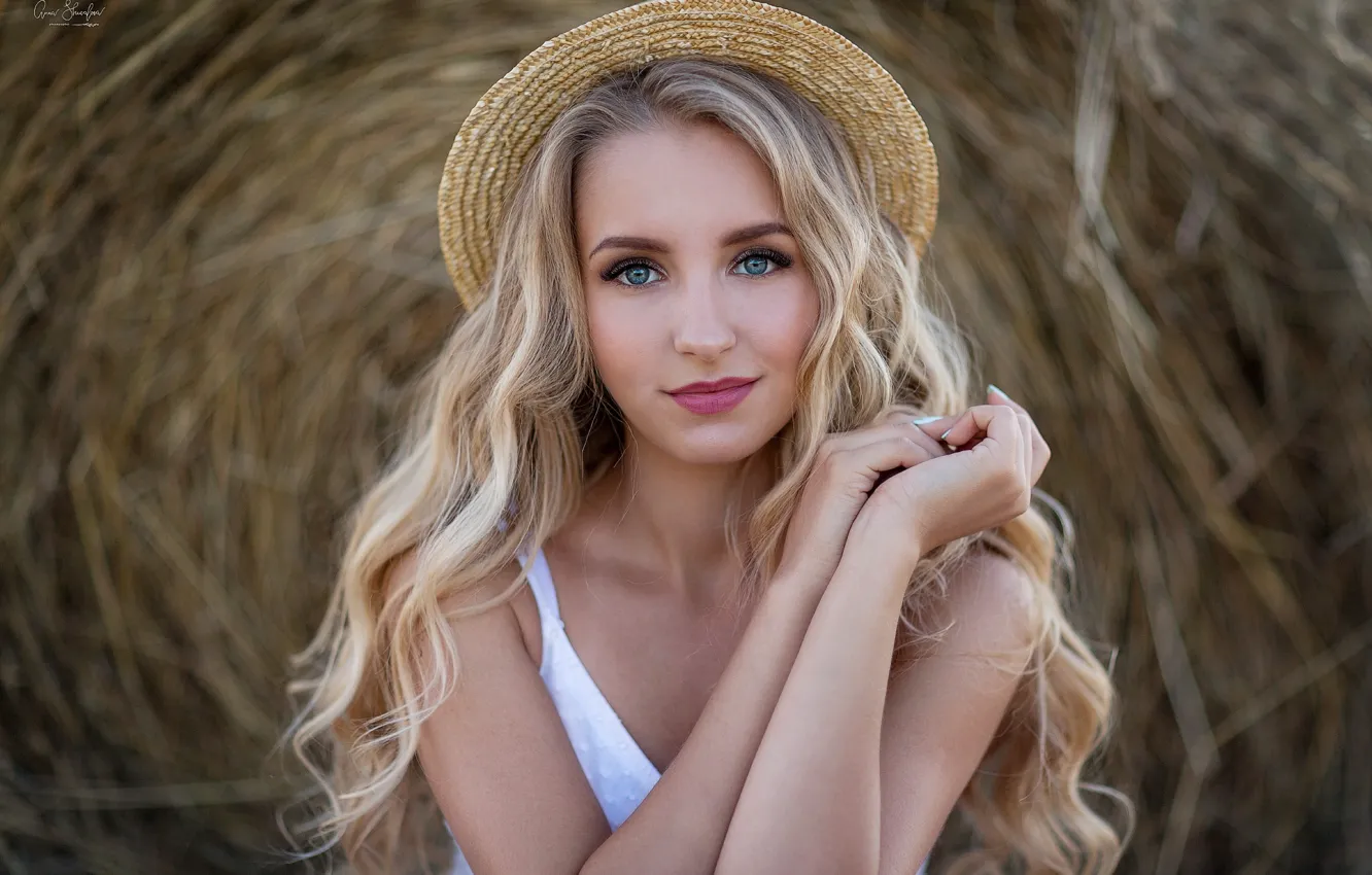 Photo wallpaper girl, hat, dress, blonde, hay, Anna Shuvalova, Christine Wild