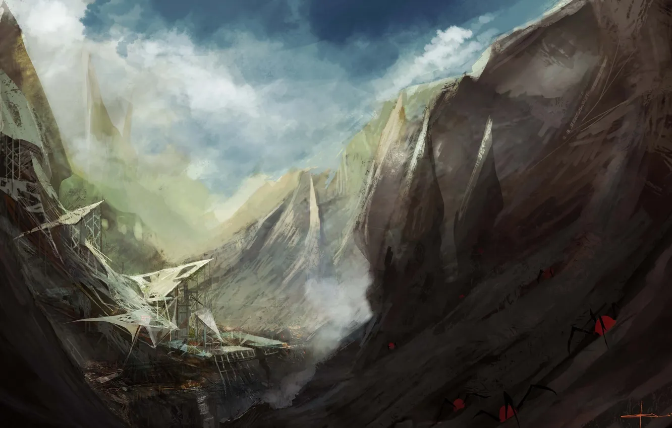 Photo wallpaper mountains, stones, fiction, rocks, monster, spider, station, art