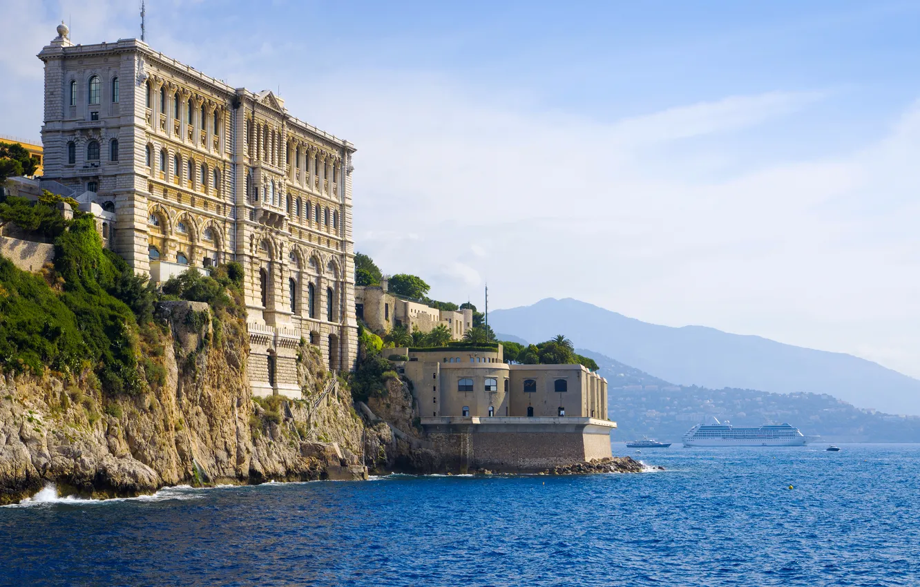 Photo wallpaper sea, mountains, rocks, coast, the building, home, Museum, Monaco