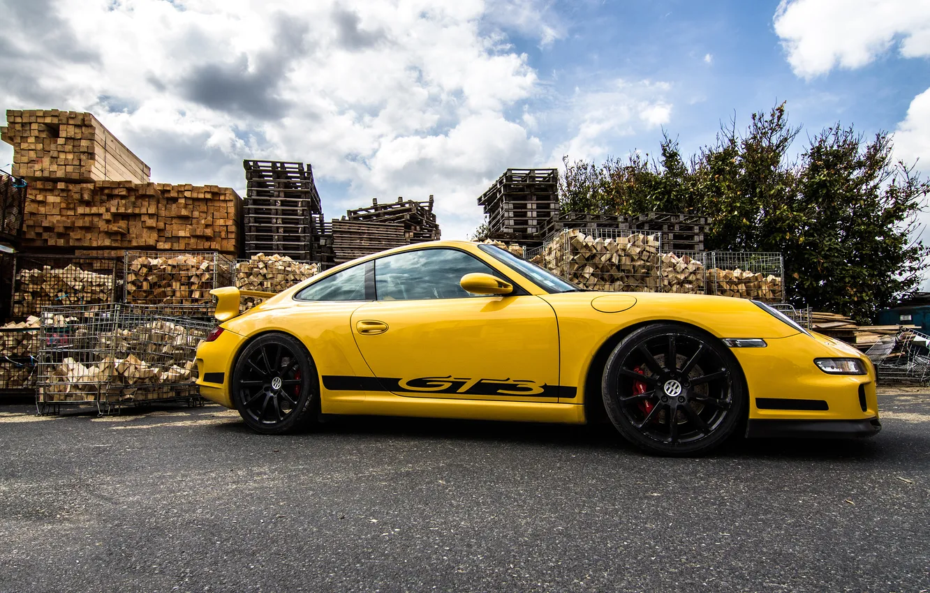 Photo wallpaper 911, 997, Porsche, sky, yellow, wood, GT3, tree