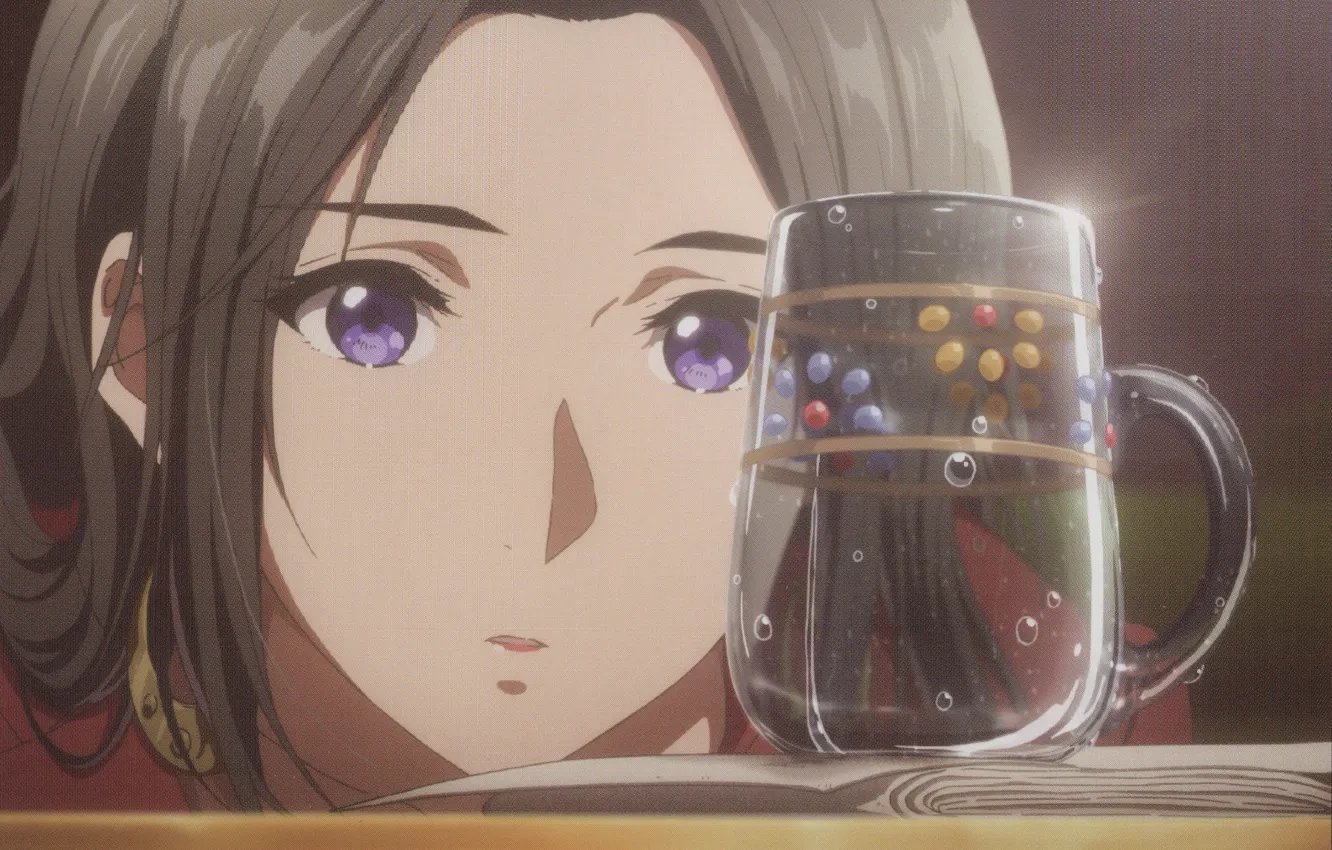 Photo wallpaper bubbles, face, the mug on the table, sheets of paper, Violet Evergarden, Cattleya Baudelaire, by …