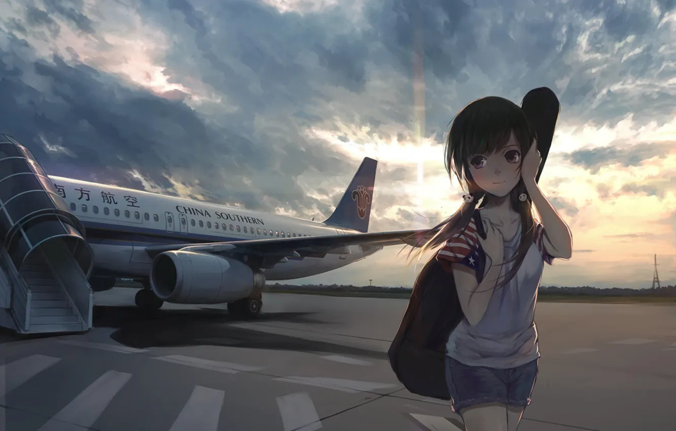 Photo wallpaper girl, sky, anime, airplane, flag, japanese, China Souther