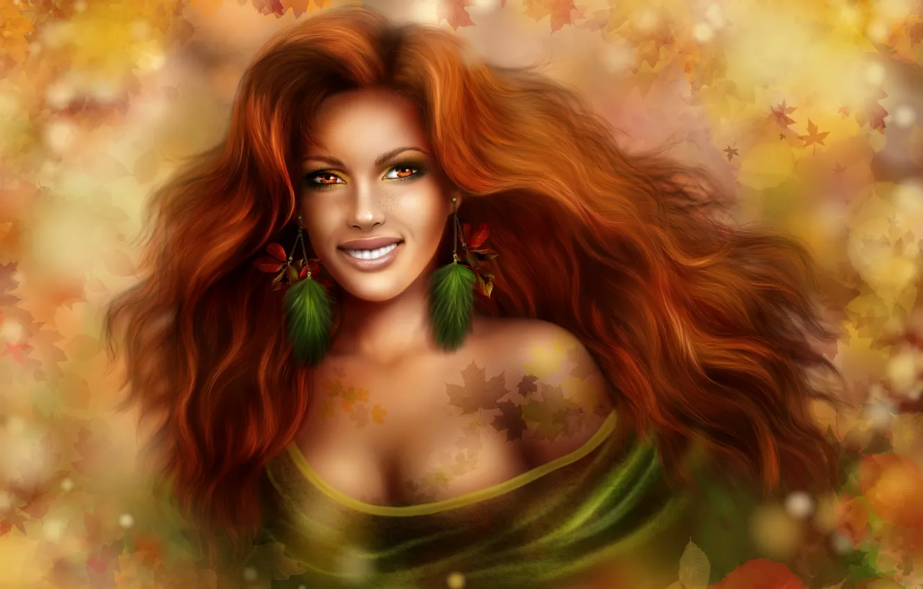Photo wallpaper autumn, leaves, girl, smile, hair, red