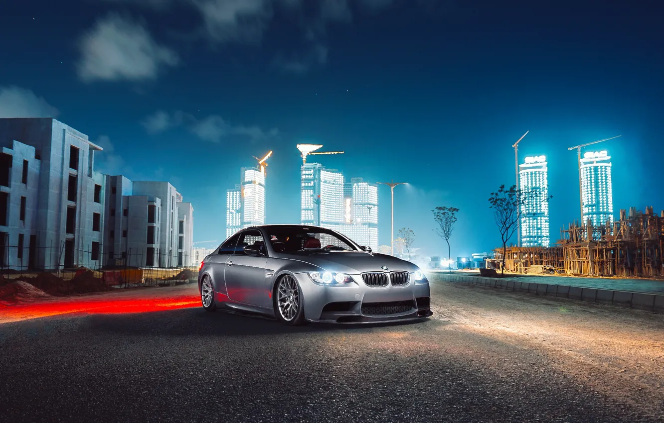 Photo wallpaper Night, Grey, E92, Road, Wheels, M3