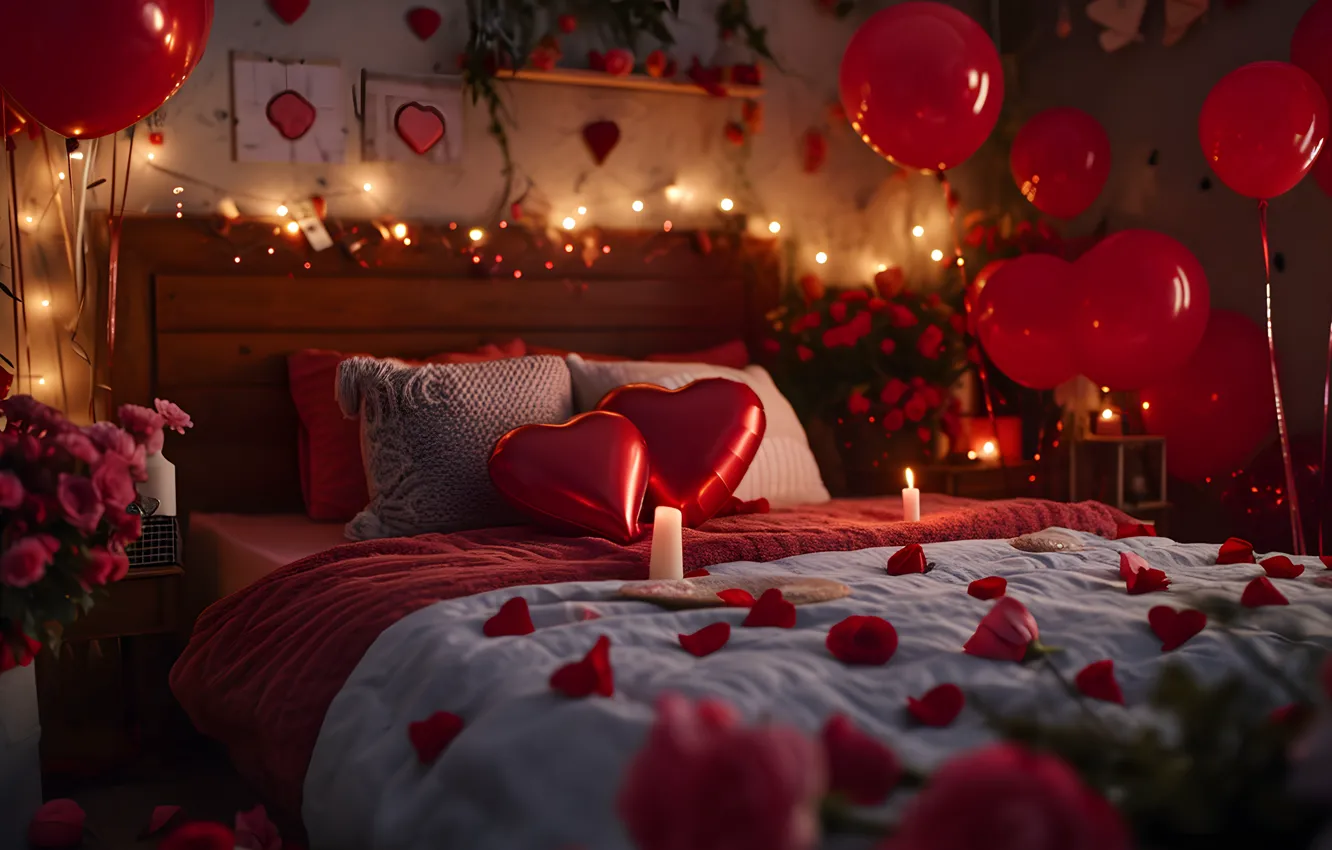 Photo wallpaper balls, decoration, love, flowers, red, balloons, wall, holiday