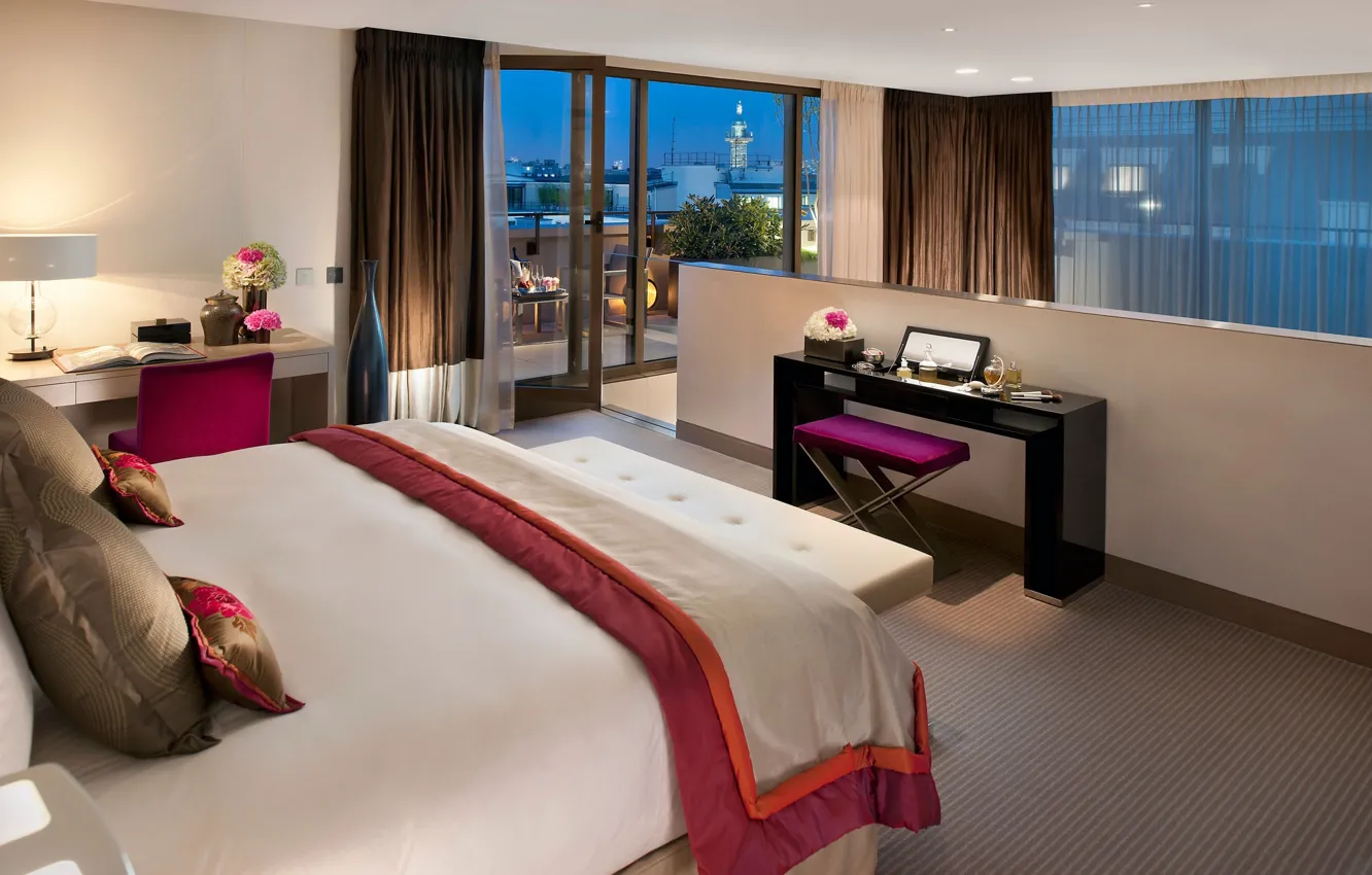 Photo wallpaper flowers, design, the city, style, room, view, bed, interior