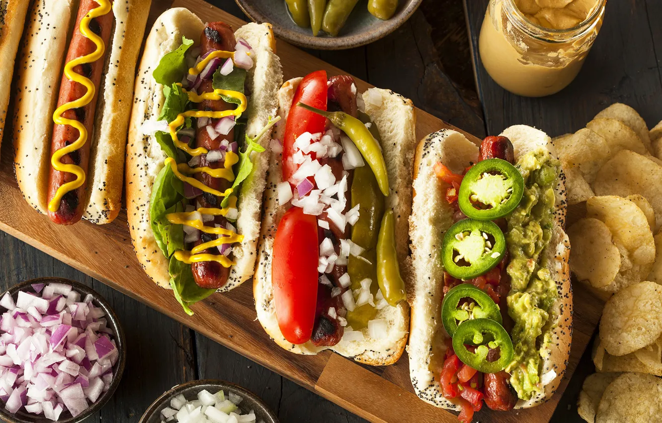 Photo wallpaper sausage, pepper, vegetables, tomatoes, buns, chips, hot dog
