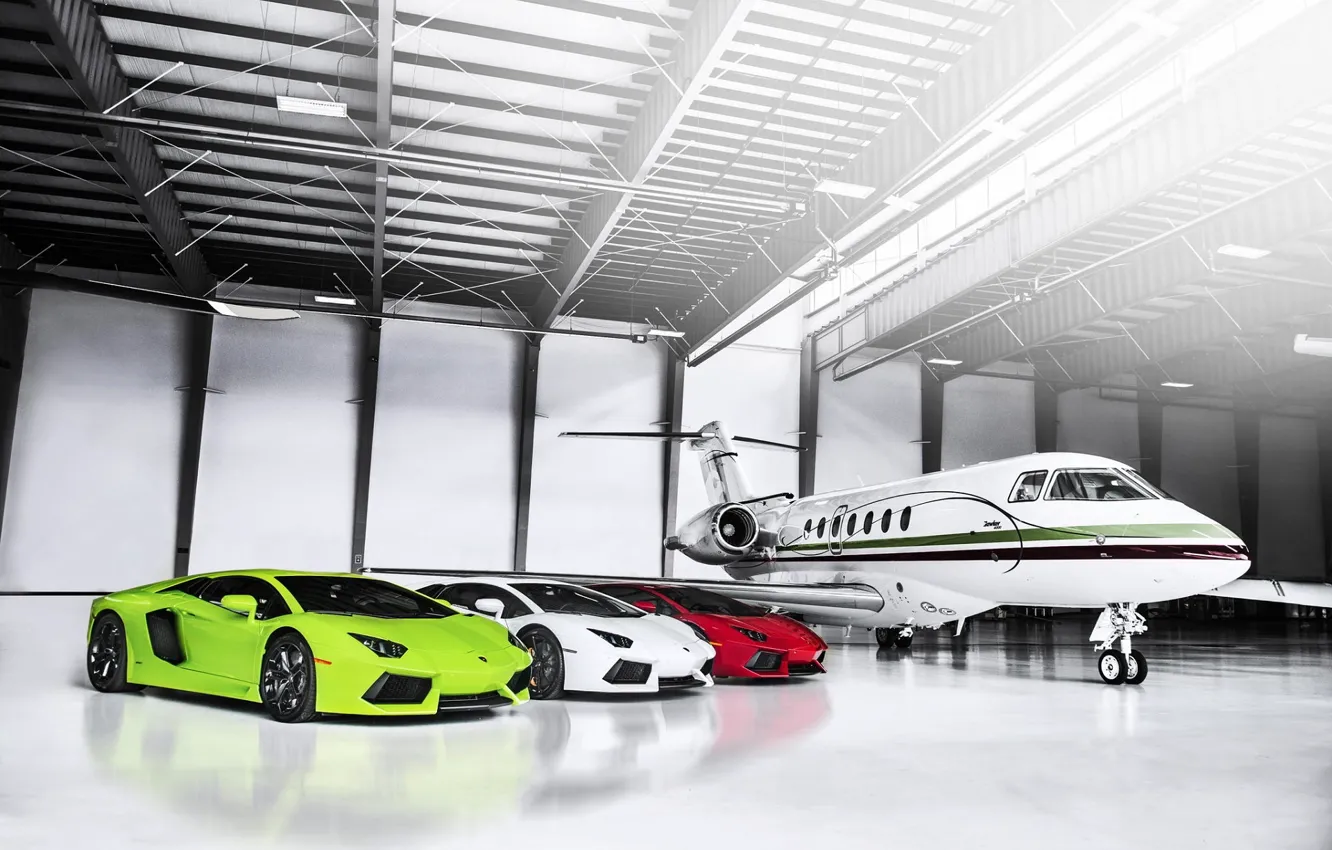 Photo wallpaper Lamborghini, The plane, Red, Hangar, Green, White, LP700-4, Aventador