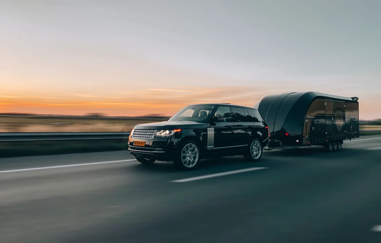 Photo wallpaper lights, Land Rover, Range Rover, street, Trailer, Driving, Sun Goes Down