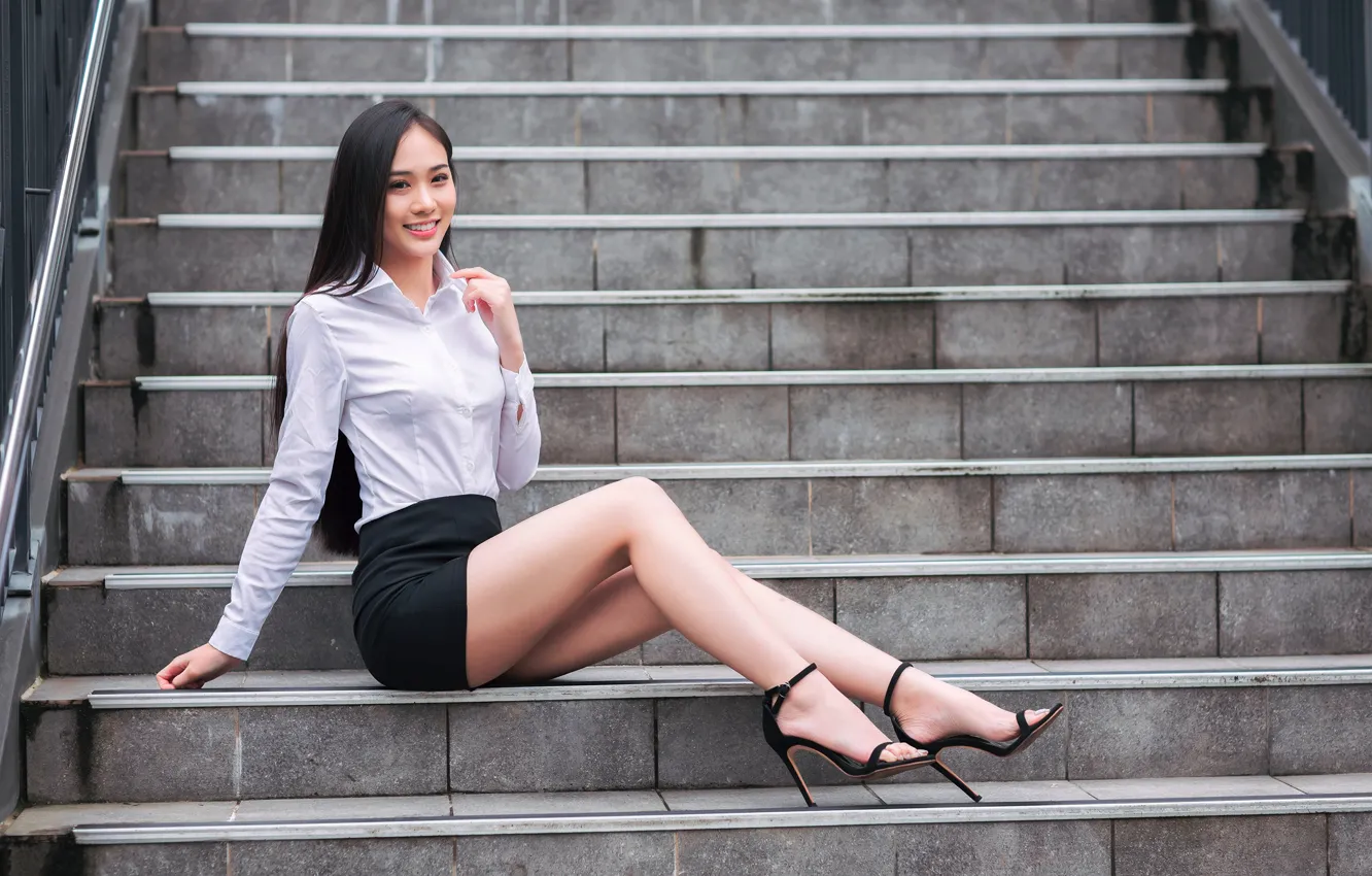 Photo wallpaper girl, Model, legs, photo, brunette, asian, high heels, sitting