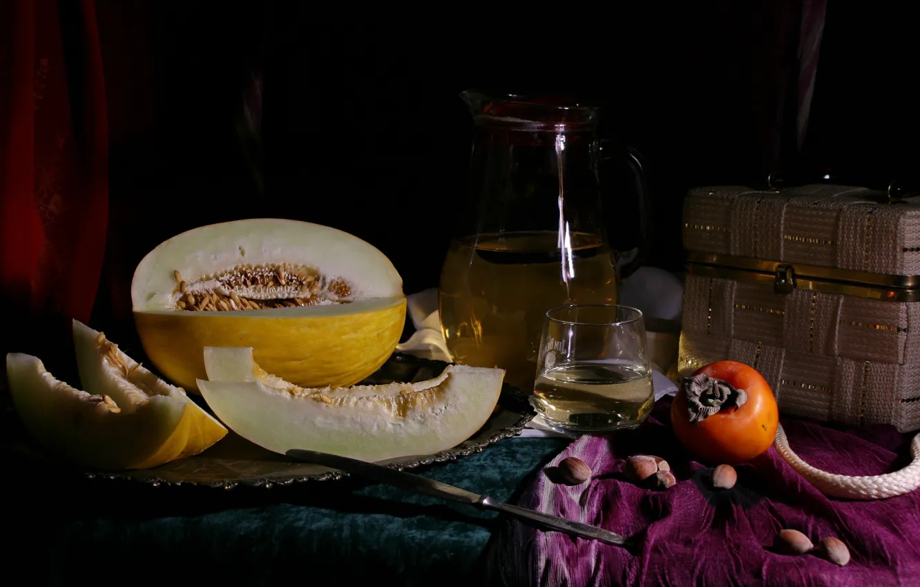 Photo wallpaper the dark background, wine, glass, juice, knife, fabric, bag, nuts