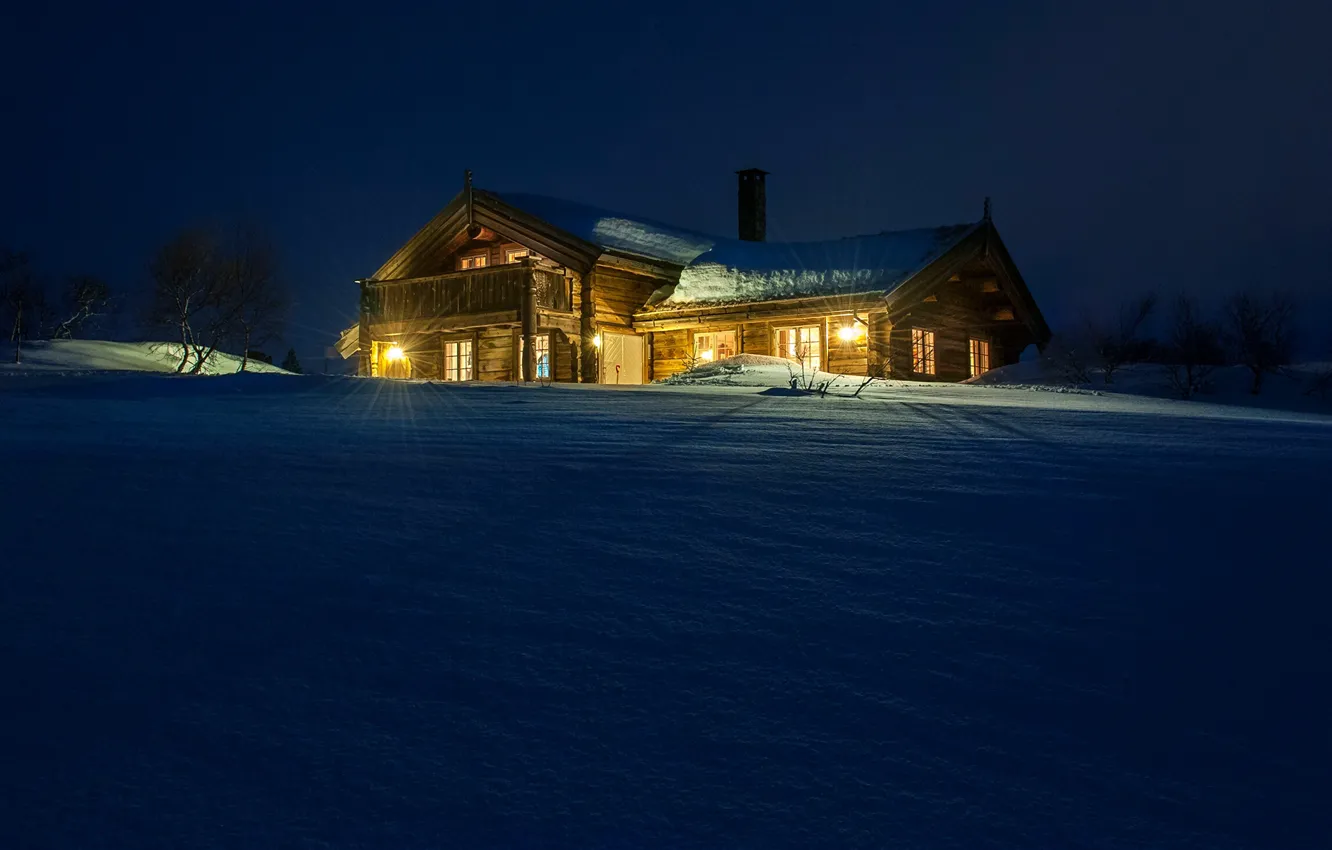 Photo wallpaper winter, snow, trees, night, lights, house, Norway, lights