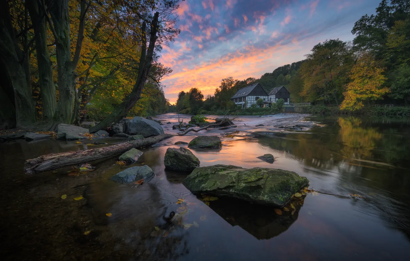 Photo wallpaper autumn, forest, the sky, leaves, clouds, trees, sunset, river