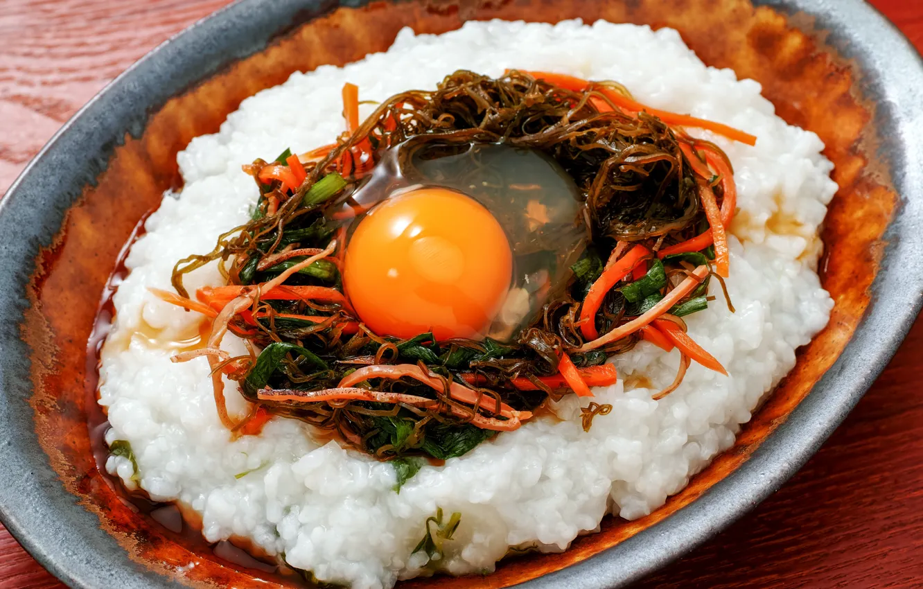 Photo wallpaper table, egg, plate, vegetables, Rice porridge
