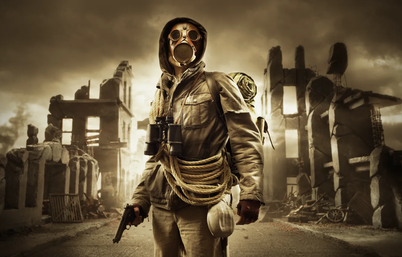 Photo wallpaper the sky, gas mask, Stalker, ruins, rope
