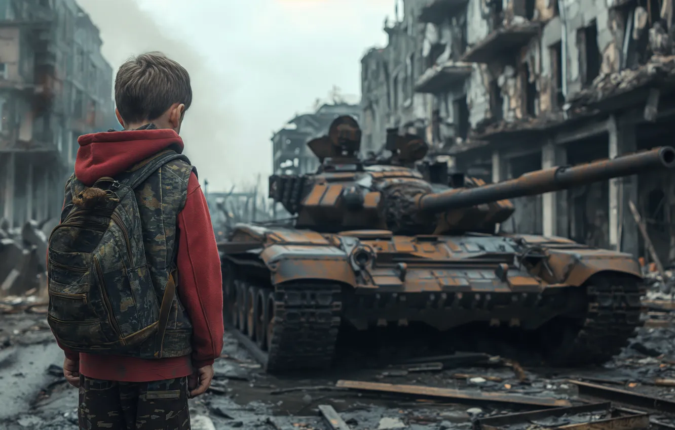 Photo wallpaper children, home, boy, tank, devastation, digital art, AI art, The Art of Artificial Intelligence
