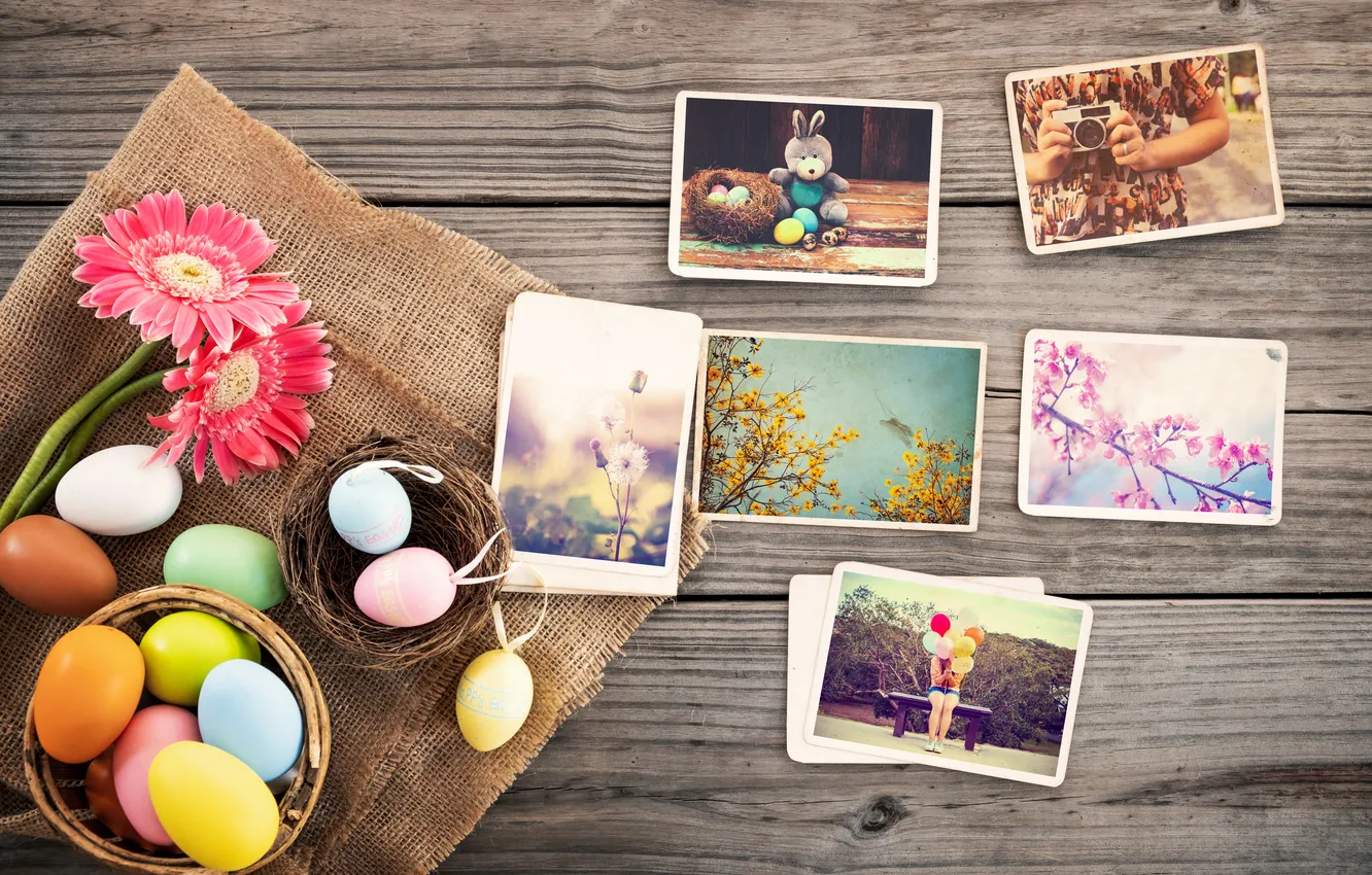 Photo wallpaper flowers, eggs, spring, colorful, Easter, happy, wood, flowers