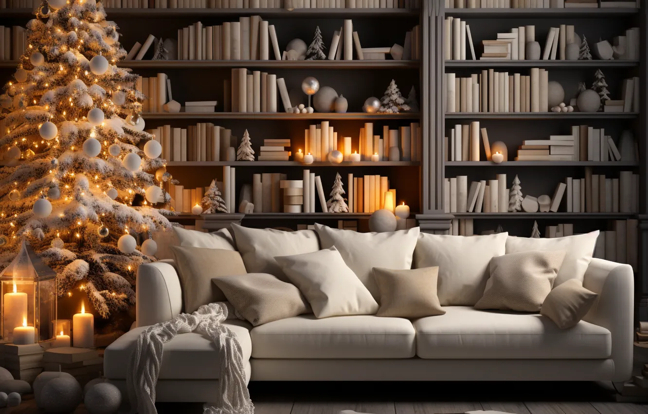 Photo wallpaper decoration, room, sofa, gift, balls, tree, new year, home