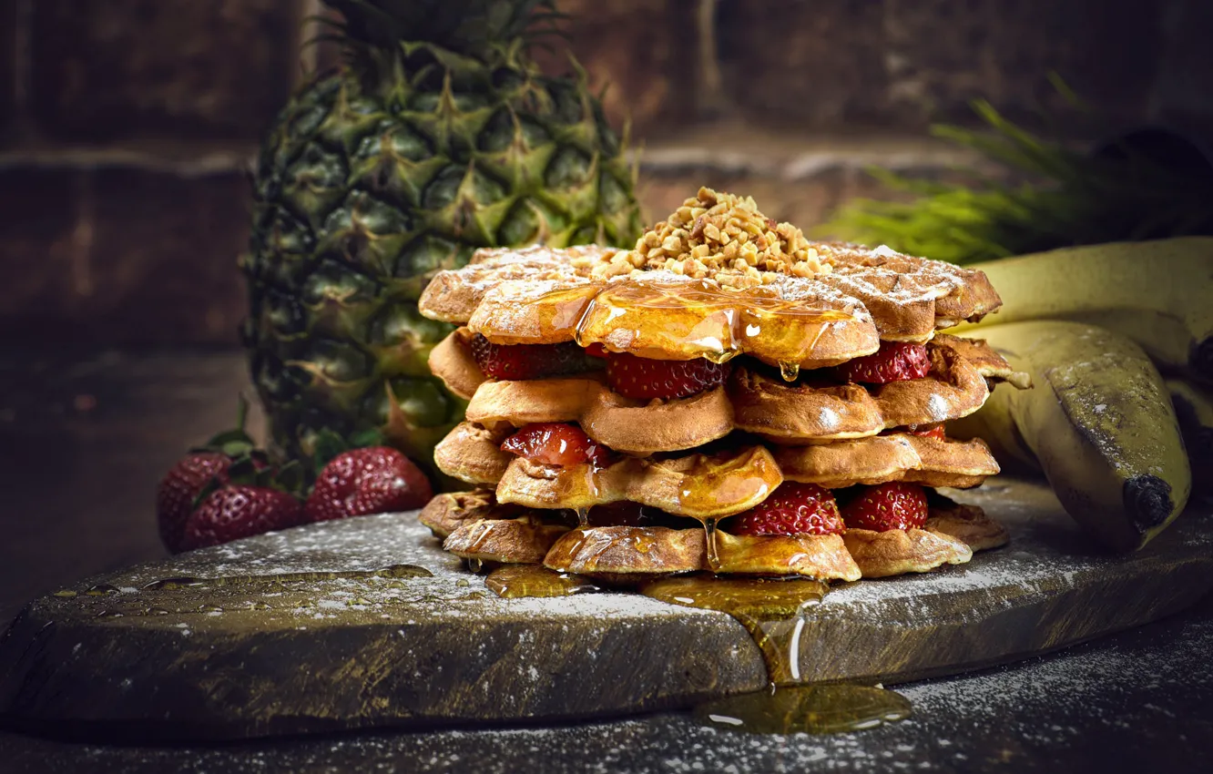 Photo wallpaper berries, strawberry, honey, bananas, stack, pineapple, waffles, cakes