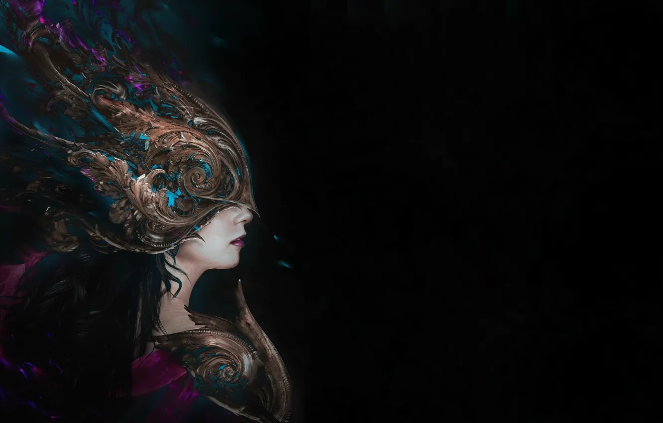 Photo wallpaper girl, feathers, mask, art, profile, black background