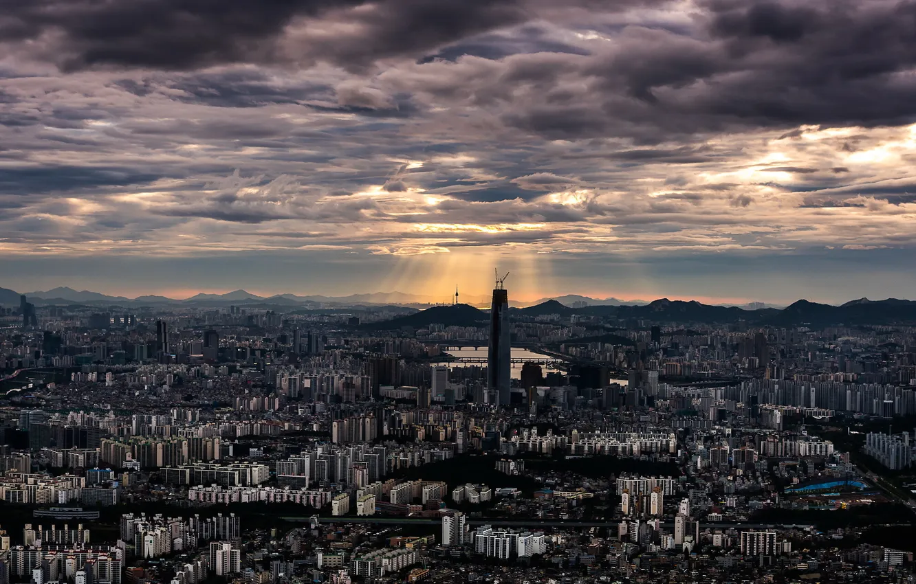 Photo wallpaper Korea, sunset in Seoul, Light up the Tower