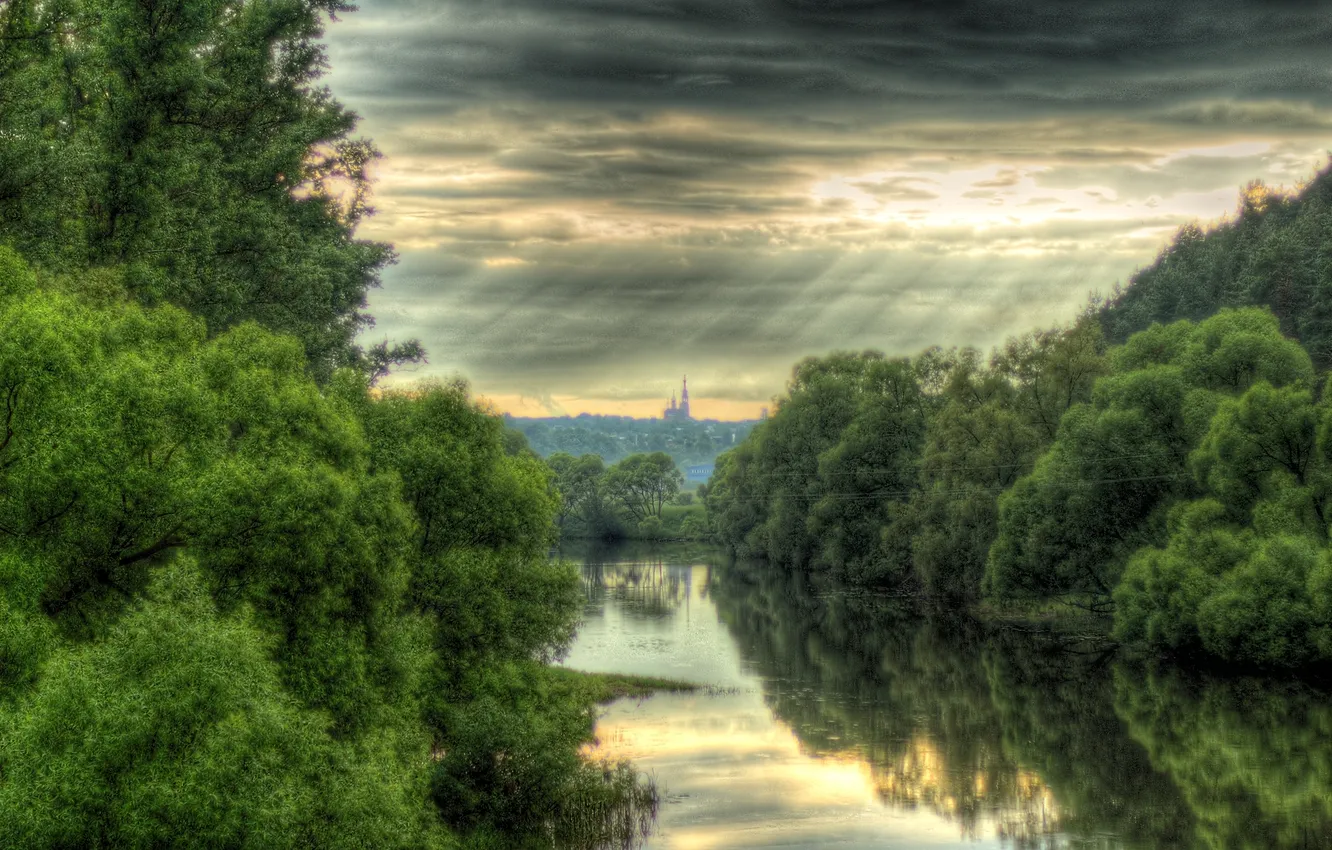 Photo wallpaper the sky, light, trees, clouds, nature, river