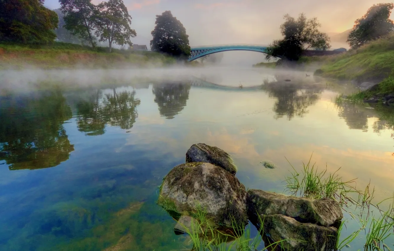 Photo wallpaper bridge, nature, fog, river, stones, morning, Bank