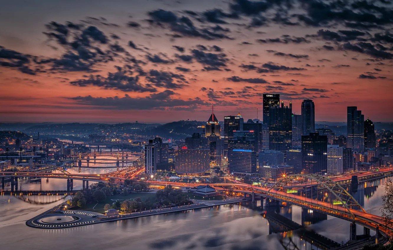 Photo wallpaper the city, lights, morning, USA, PA, state, Pittsburgh